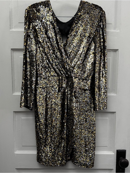 Dresses & Skirts - Parker Silk Sequin Mini Dress Gold Black Long Sleeve V Neck Party L